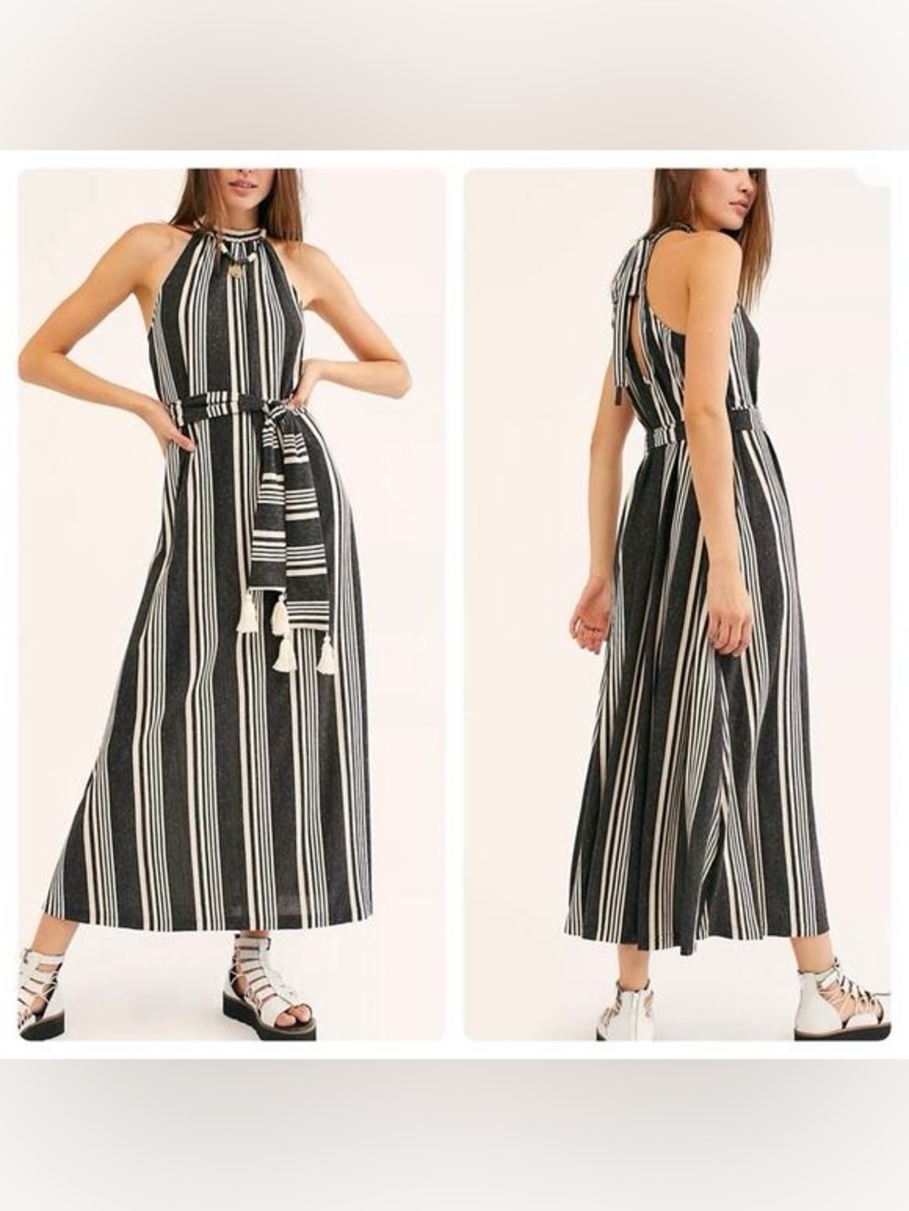 FP Beach by Free People Charcoal Gray & White Agnes Maxi Dress EUC